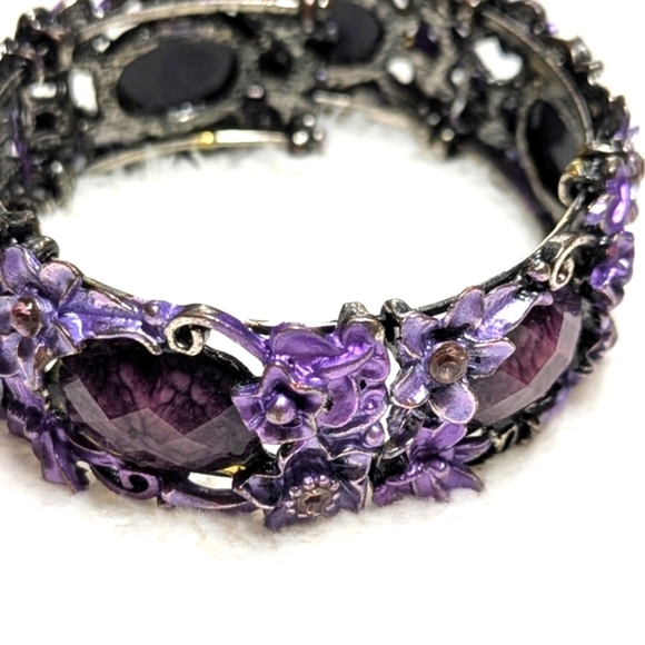 Vintage Purple Enamel Floral Bracelet w/ Pink Rhinestone Accents Wrap Bracelet - Picture 8 of 9